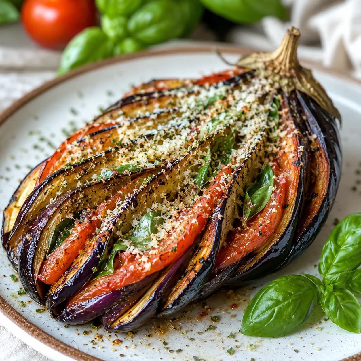 Berenjenas en abanico con tomate y albahaca