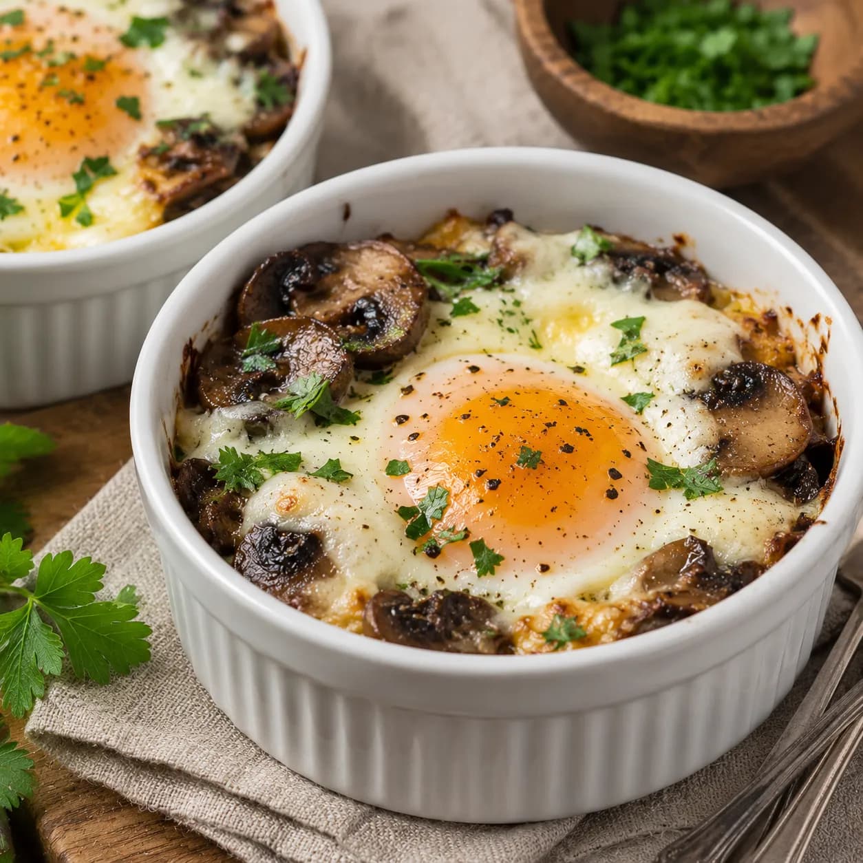 Huevos en cocotte con champiñones y queso fresco