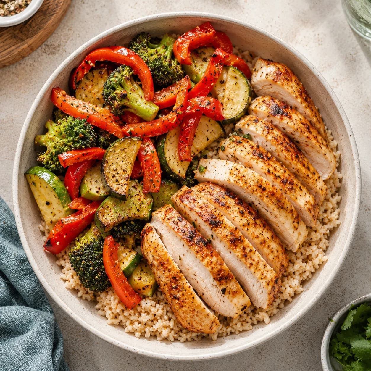Bol de arroz integral, pollo y verduras asadas