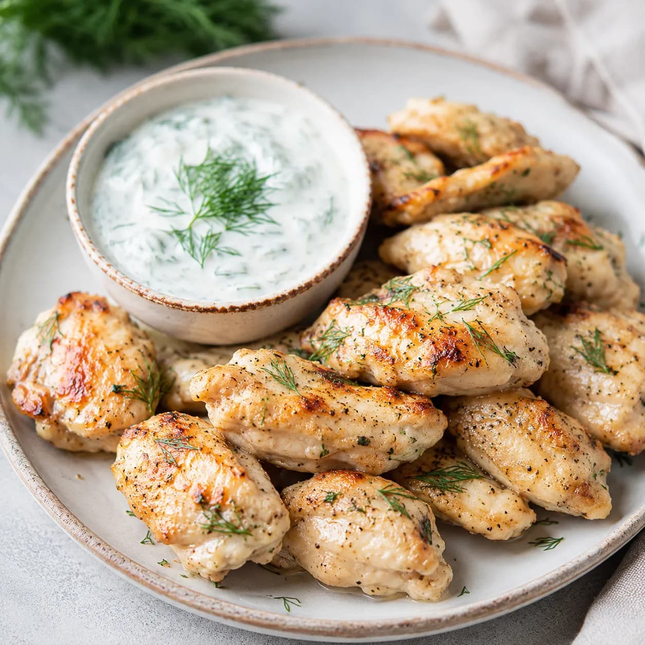 Alitas de pollo sin piel con salsa de yogur y eneldo
