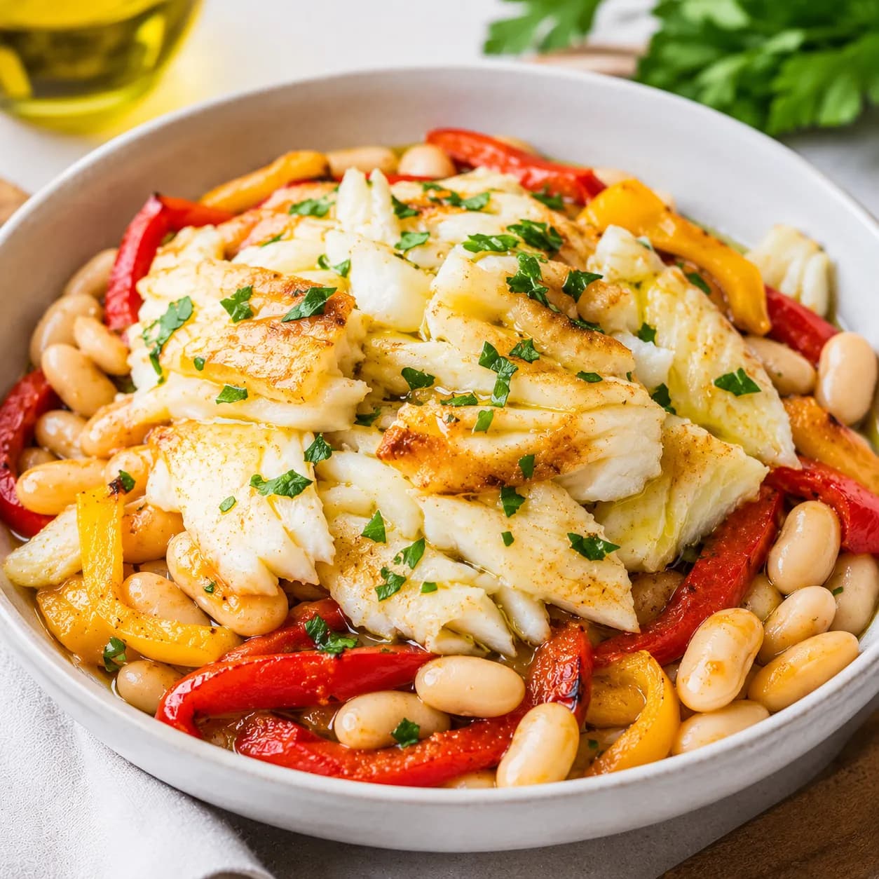 Bol fitness de legumbres con bacalao desalado y pimientos
