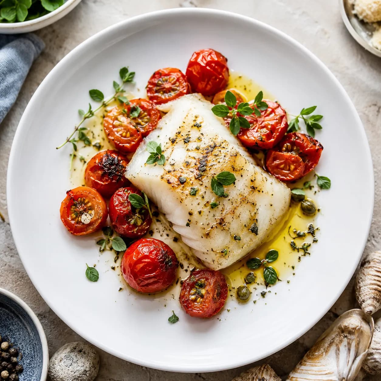 Lomos de bacalao con tomate cherry y alcaparras