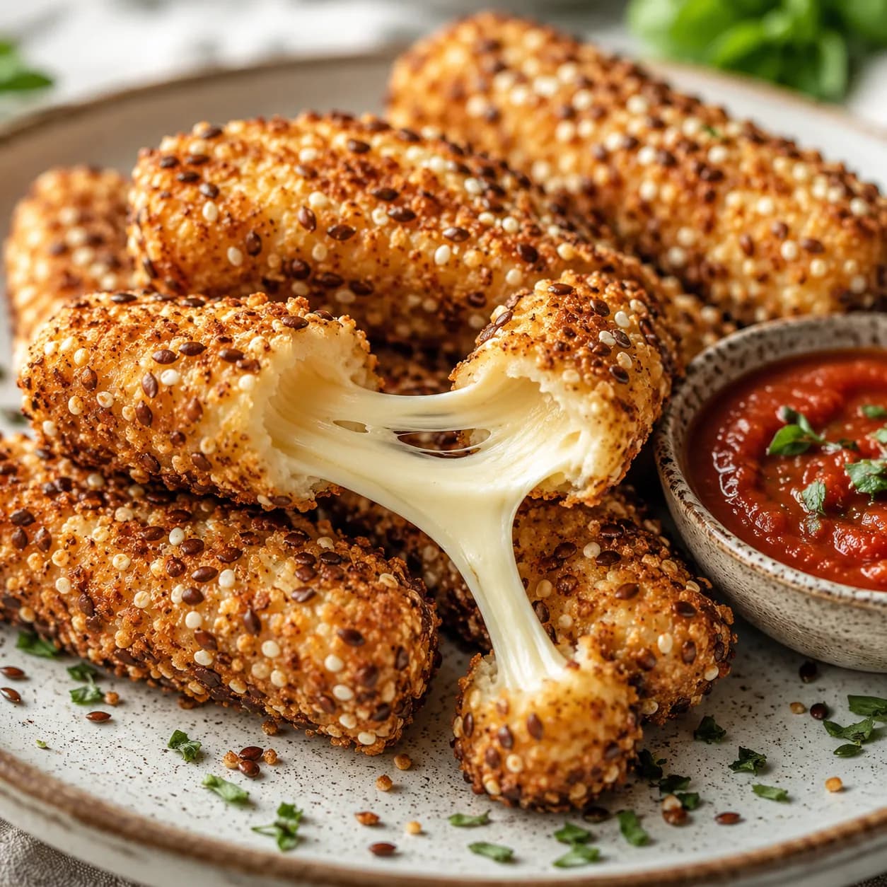 Bastones de queso mozzarella light empanados con semillas