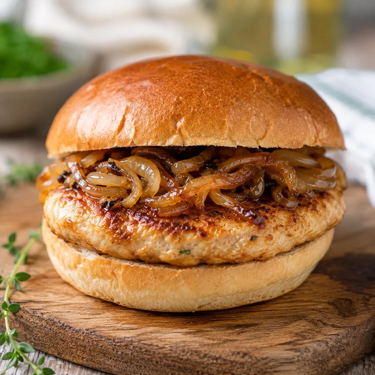 Hamburguesa de pollo con cebolla caramelizada