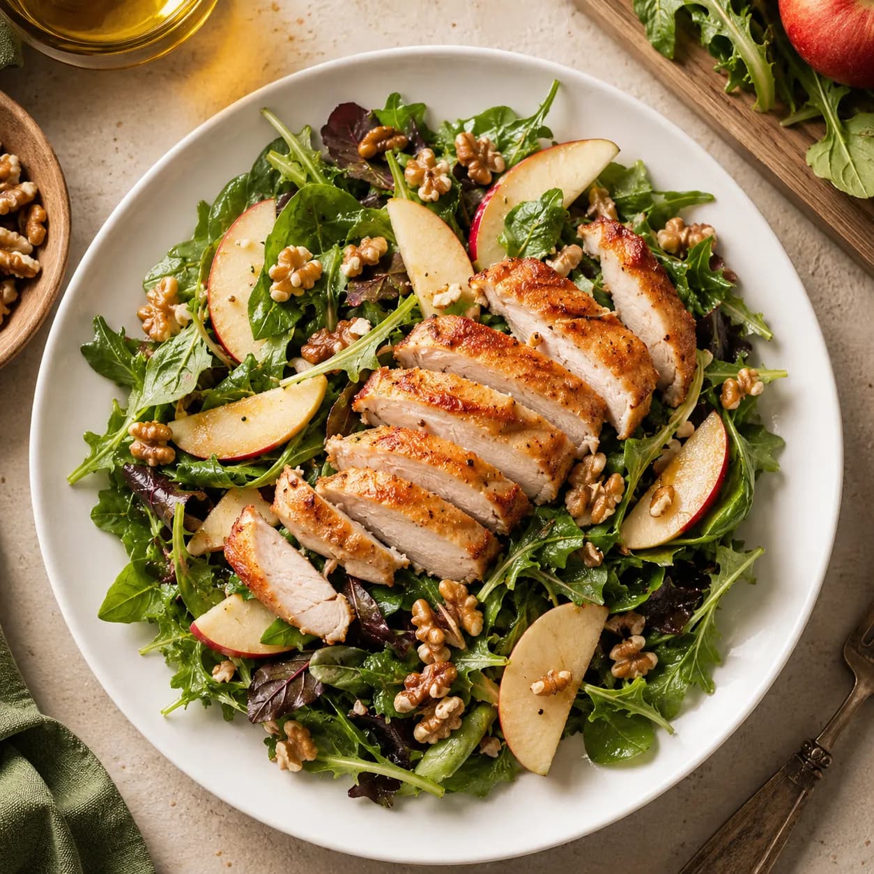 Ensalada templada de pollo crujiente con manzana y nueces