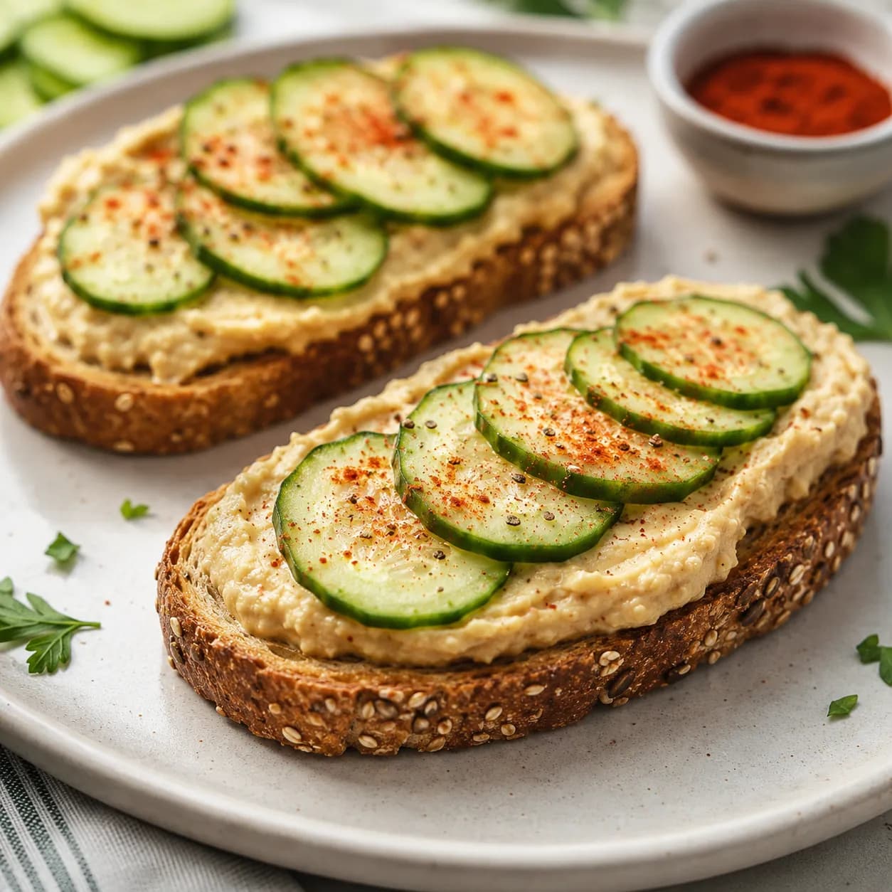 Tostadas de hummus casero con pepino y pimentón