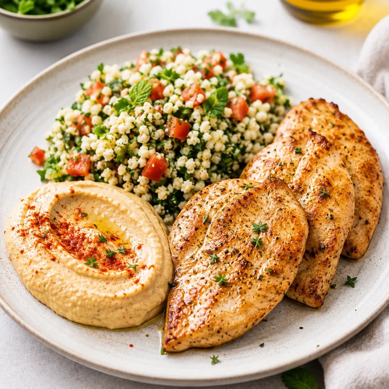 Plato mediterráneo de pavo, hummus y tabulé de coliflor
