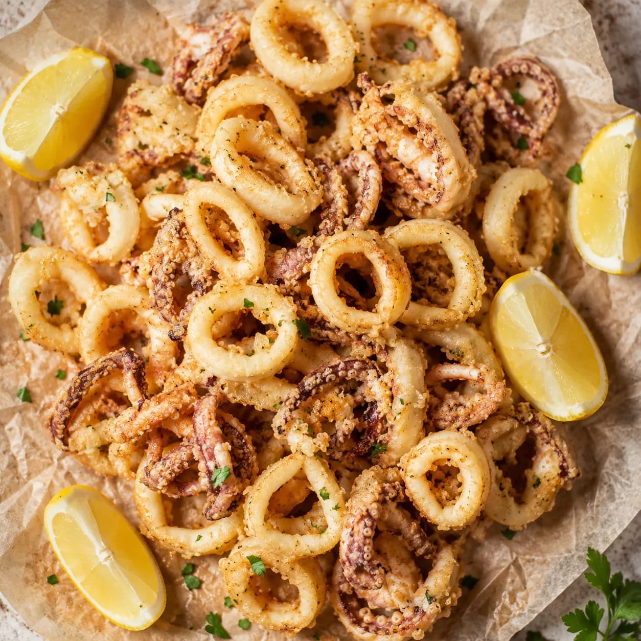Calamares crujientes con harina de arroz y limón