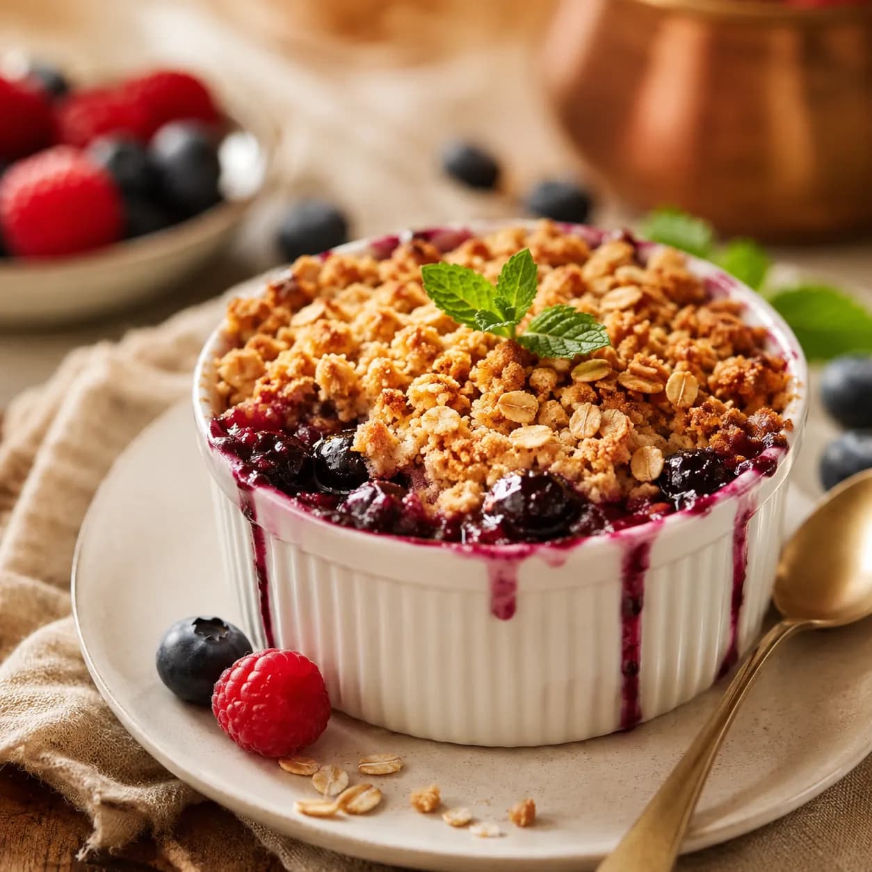 Crumble de melocotón y avena con frutos rojos