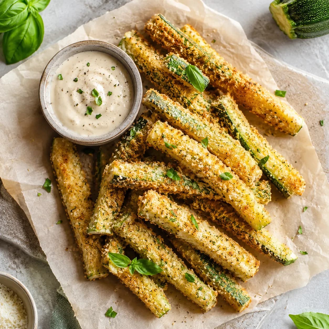 Calabacín en bastones con costra de avena y parmesano