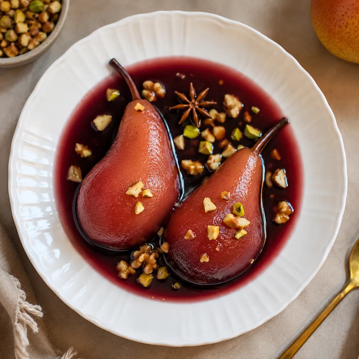 Peras al vino sin alcohol con especias y nueces