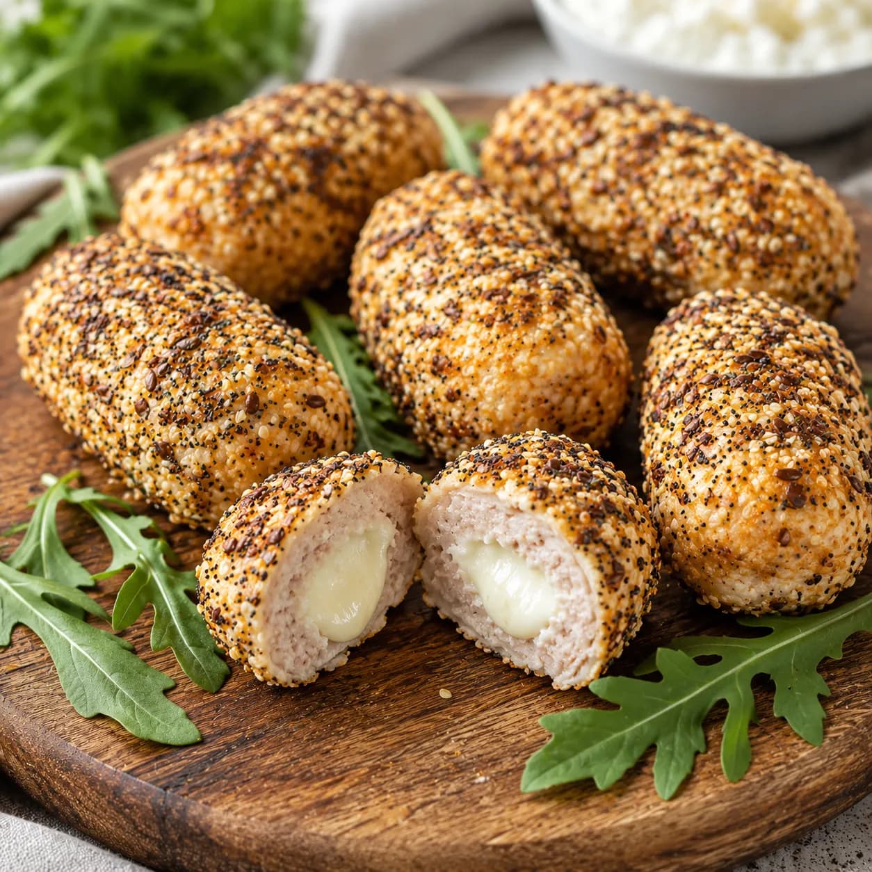 Rollitos de pavo y queso fresco con costra de semillas
