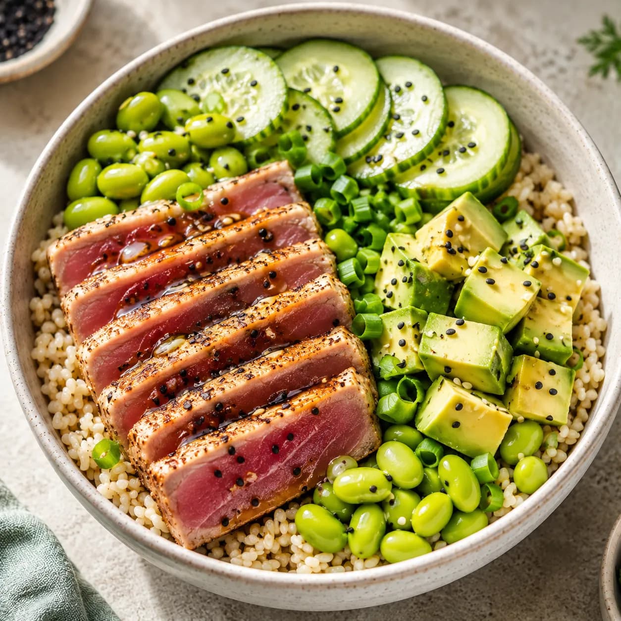 Poke bowl de atún sellado, edamame y aguacate