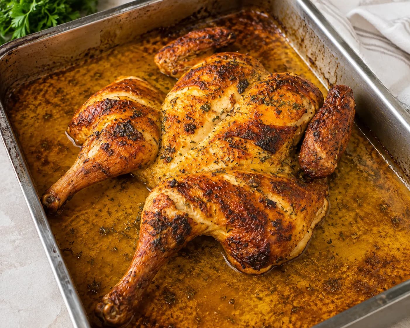 Pollo asado al estilo mariposa con yogur y hierbas aromáticas