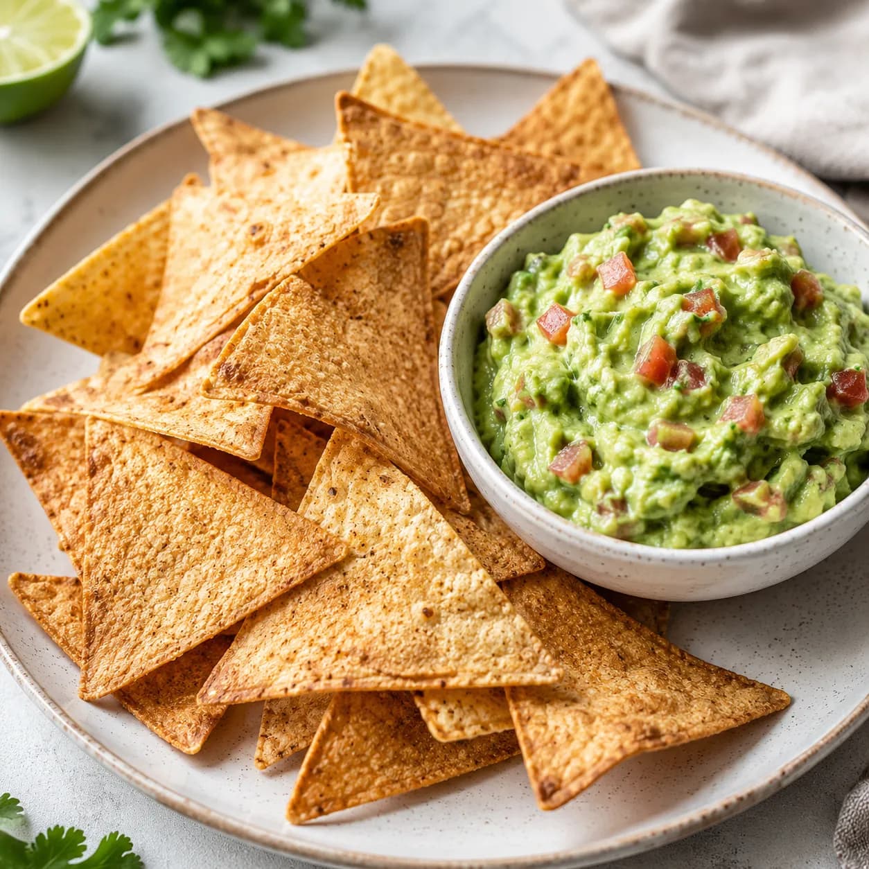 Nachos de tortilla de maíz integral con guacamole ligero
