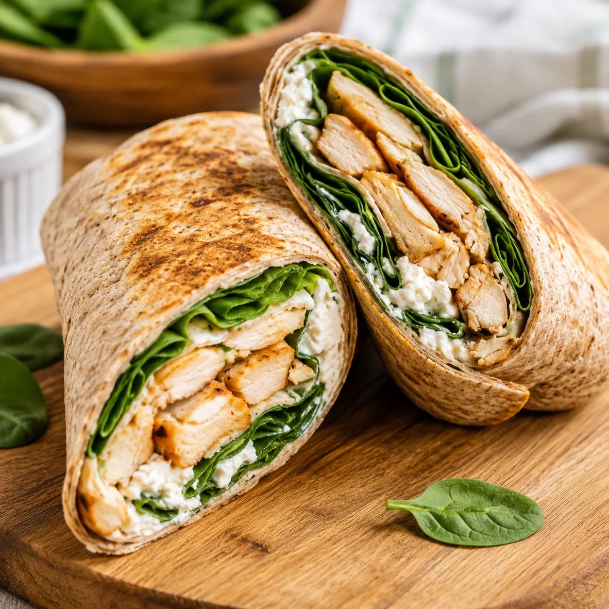 Wrap integral de pollo, espinacas y queso fresco