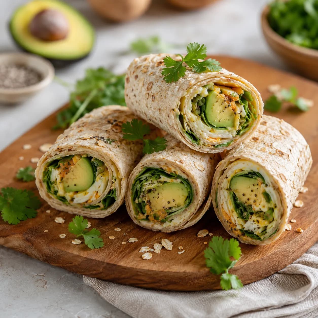 Rollitos de tortilla de avena rellenos de pavo y aguacate