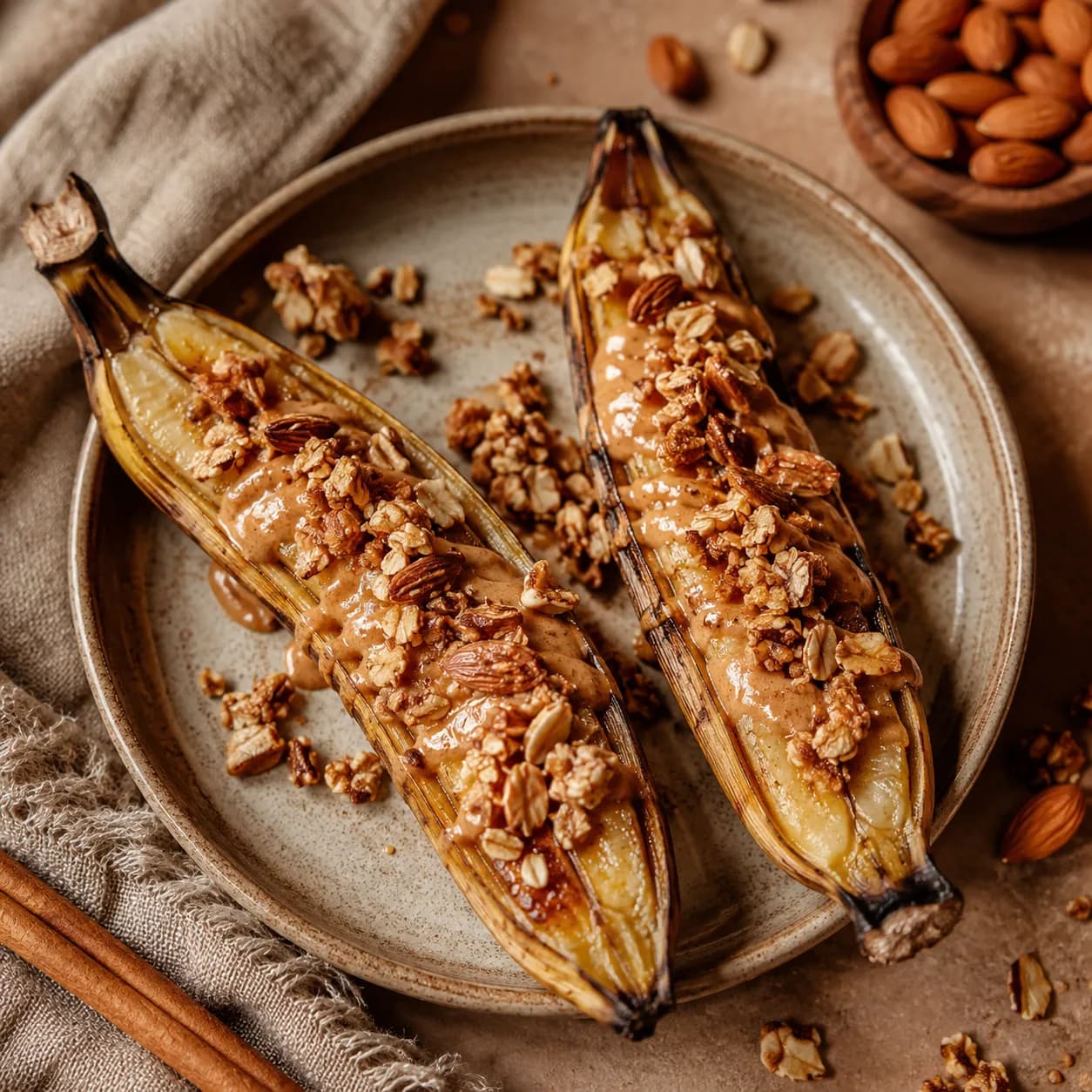 Plátano asado con mantequilla de almendras y granola ligera