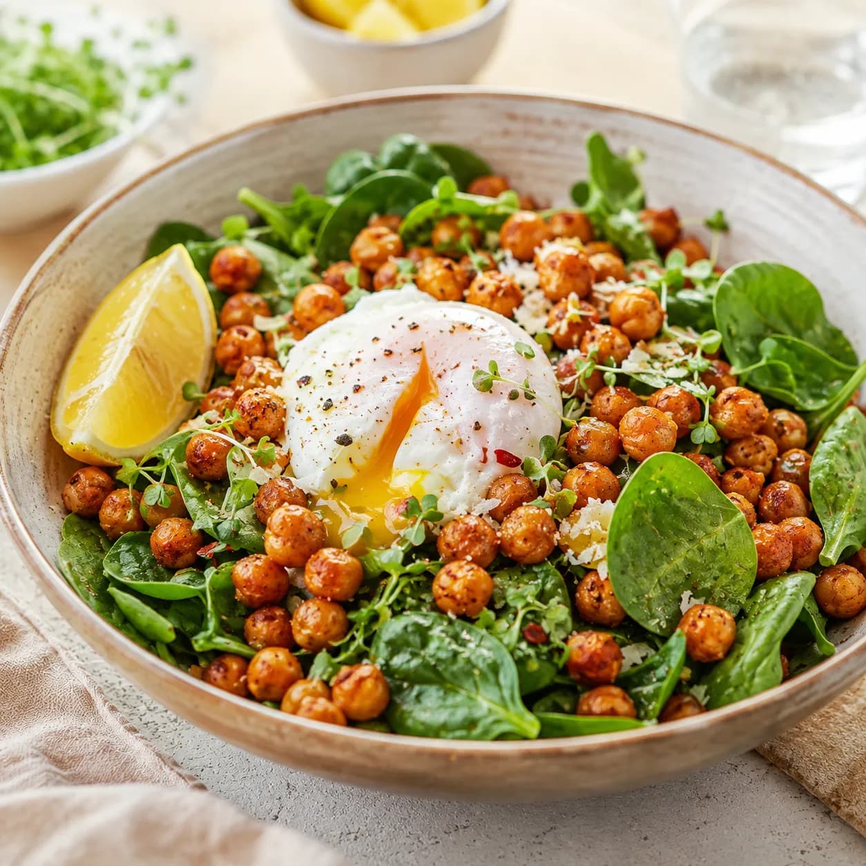 Plato de garbanzos crujientes con espinacas y huevo a baja temperatura