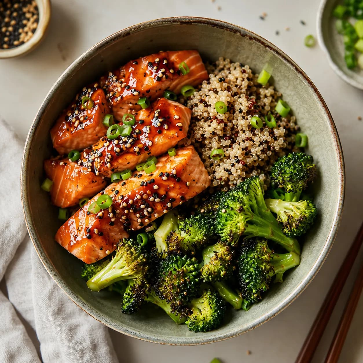 Salmón teriyaki con brócoli y quinoa al vapor