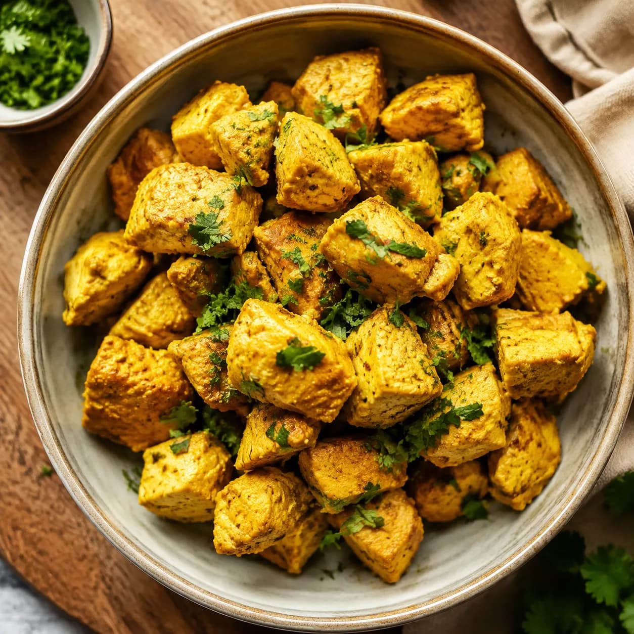 Dados de pavo con curry suave y cúrcuma