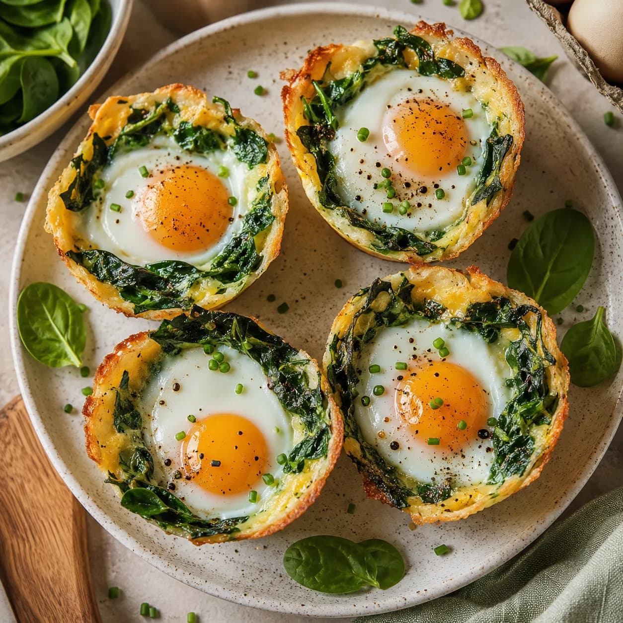 Nidos de huevo con espinacas y tomate